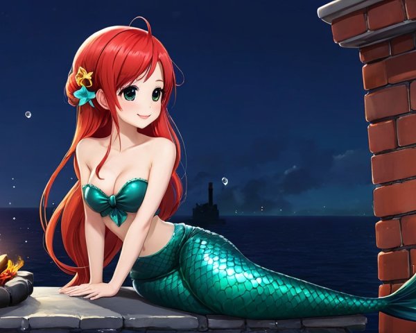 Cheerful mermaid by campfire under starry night sky