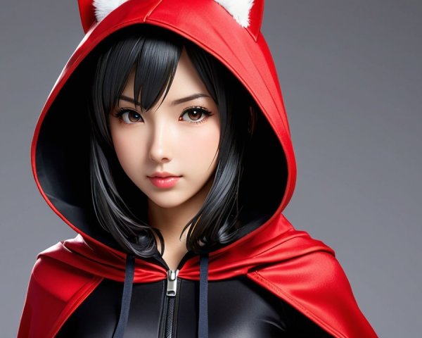 Young woman in red hooded cloak with fox ears