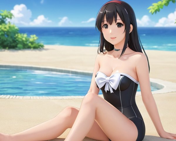 Young woman in black swimsuit at beach and pool