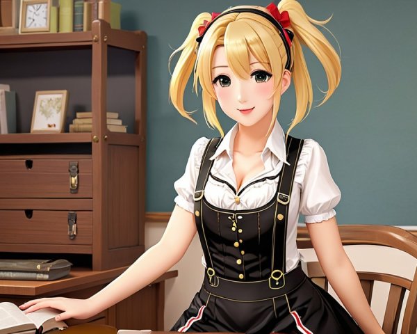 Cheerful Anime Girl in Classroom Setting with Decor
