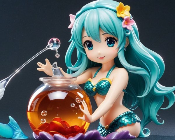 Mermaid Figure with Aqua Hair and Colorful Flowers