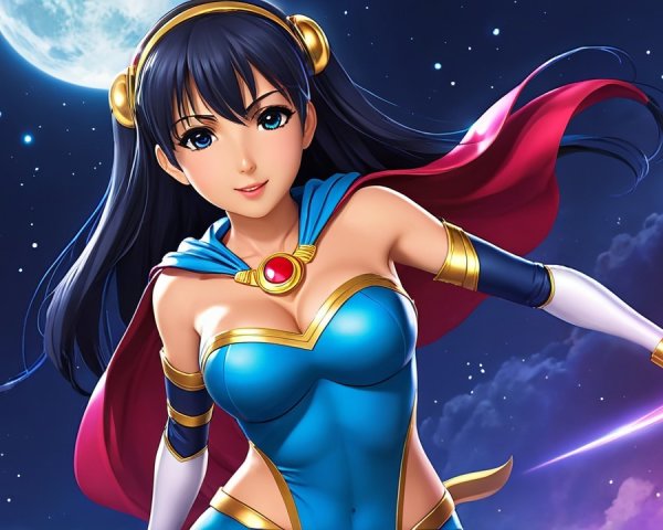 Dynamic Female Character in Vibrant Costume Under Moon