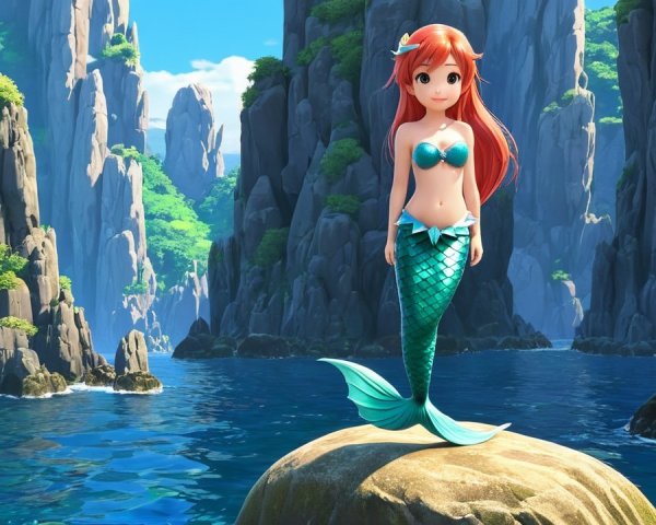 Vibrant Mermaid on Rocky Outcrop in Aquatic Landscape