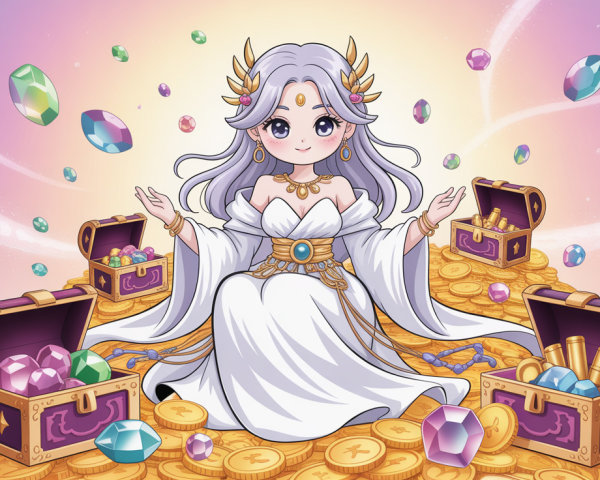 Anime-style goddess with purple hair and treasure
