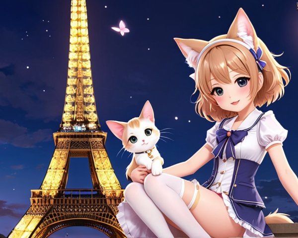 Anime Girl with Cat Ears by Eiffel Tower at Night