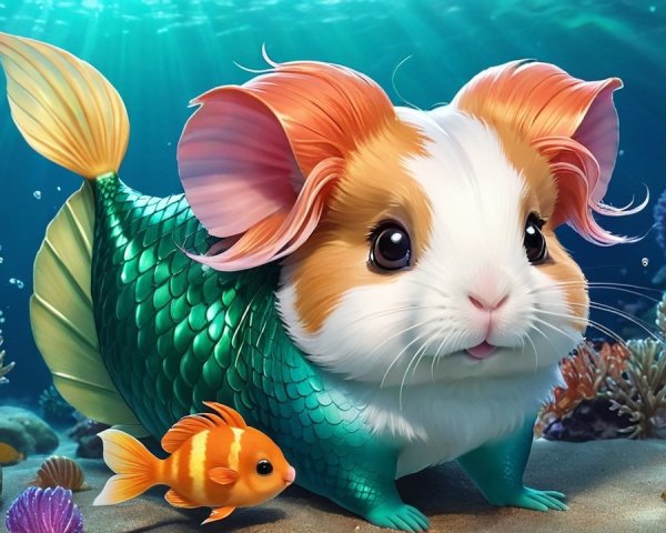 Whimsical Underwater Scene with Guinea Pig and Coral Reef