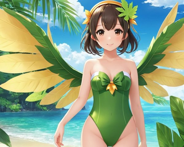 Young Woman in Green Swimsuit on Sandy Beach