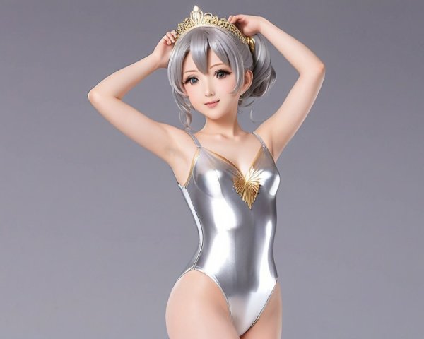 Stylized character in silver swimsuit with crown