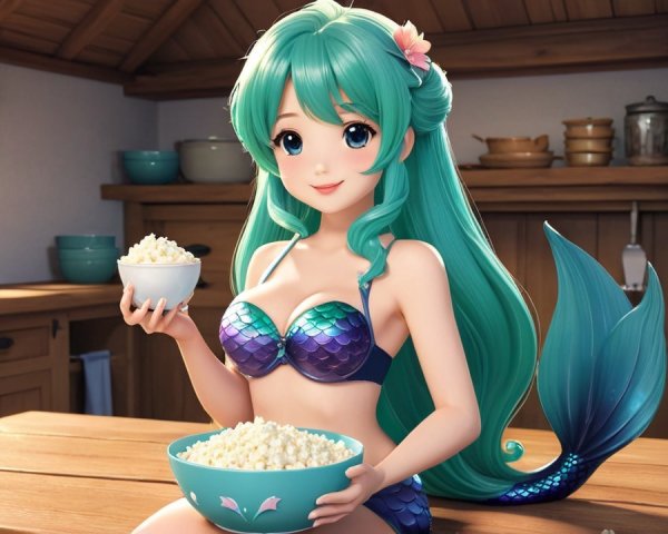 Cheerful mermaid in cozy kitchen with popcorn bowls