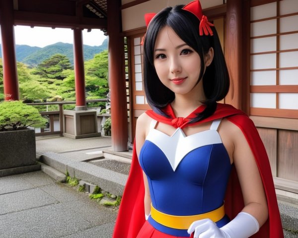 Young Woman in Superhero Costume in Japanese Garden