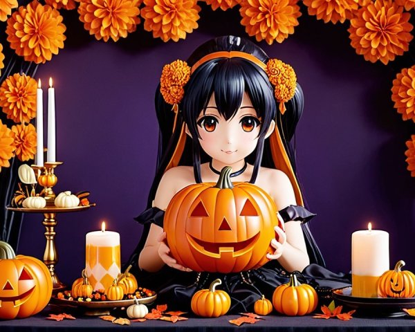 Cheerful Anime Character in Festive Autumn Scene