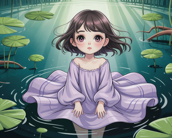 Anime artwork of a girl in a purple dress by water