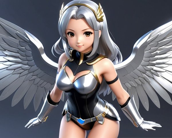 Stylized character with silver hair and feathered wings