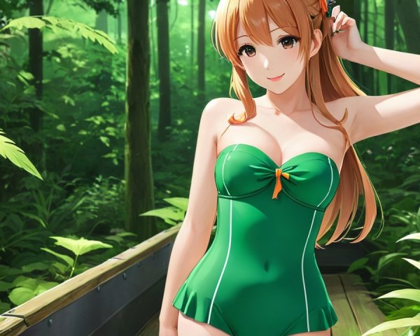 Young woman in green swimsuit on forest path