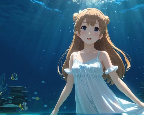 Underwater Scene with a Girl in a White Dress