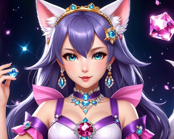 Character with Purple Hair and Cat Ears in Elegant Outfit