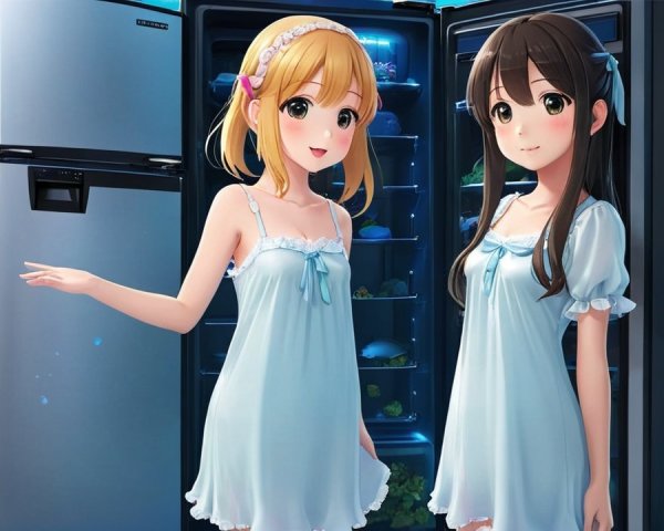 Anime Girls in Front of Modern Refrigerator with Underwater Scene