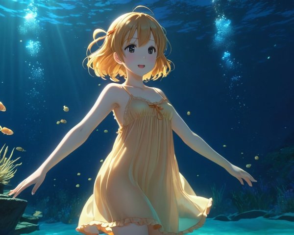 Cheerful anime character in serene underwater scene