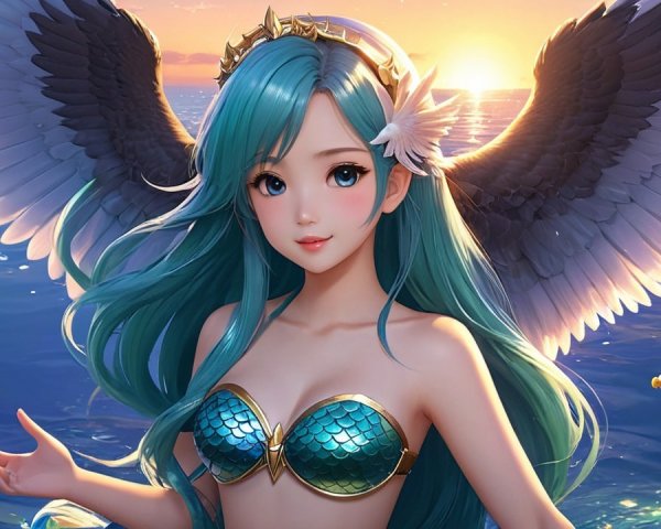 Mermaid with Turquoise Hair in Sunset Ocean Scene
