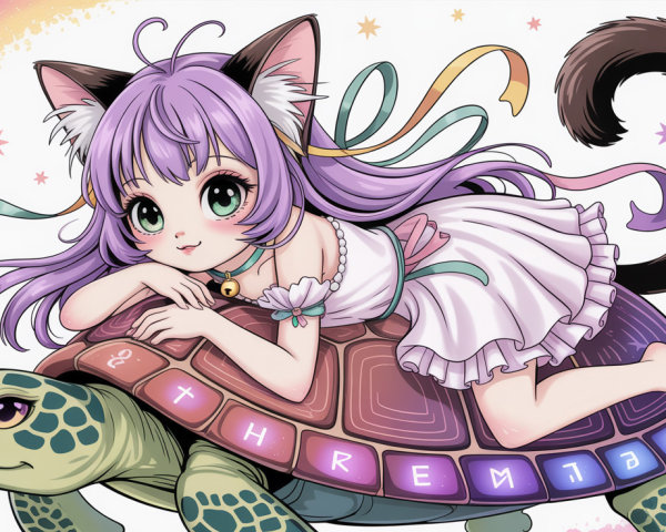 Chibi Girl with Cat Ears on Sea Turtle in Starry Scene