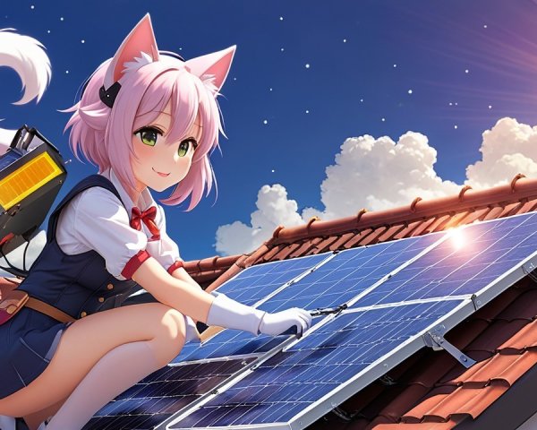Cheerful Anime Character Installing Solar Panels on Rooftop