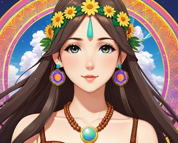 Illustration of a Woman with Flower Crown and Jewelry
