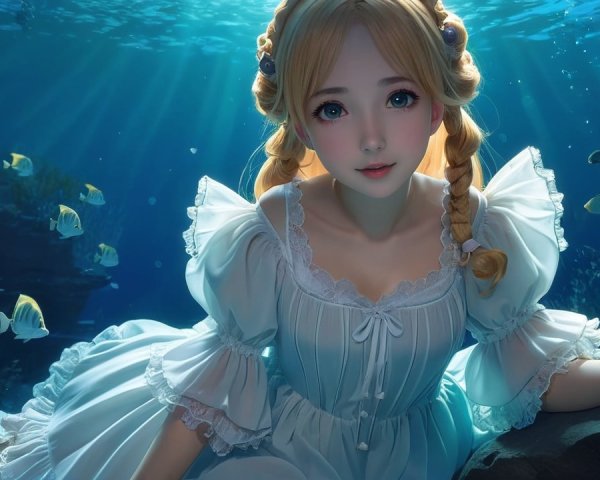 Underwater Scene with Girl in White Dress and Fish