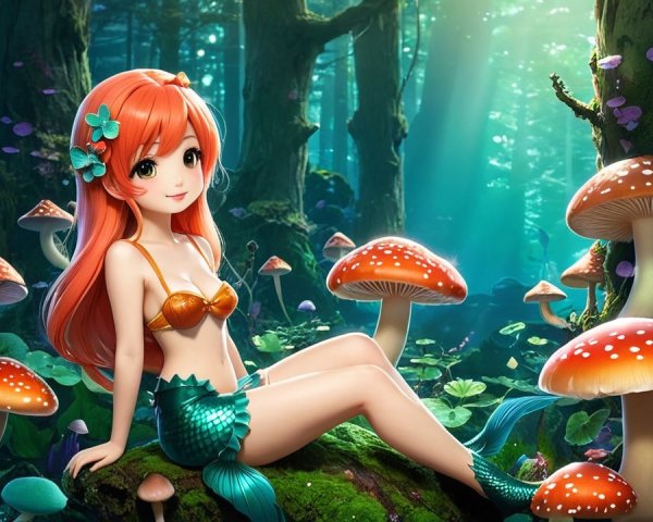 Mermaid in Enchanted Forest with Colorful Mushrooms