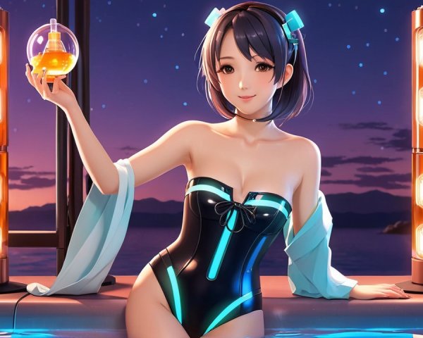 Stylish character by pool at twilight with ocean view