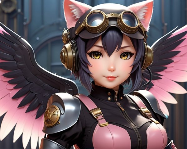 Character with Cat-Like Features and Mechanical Outfit
