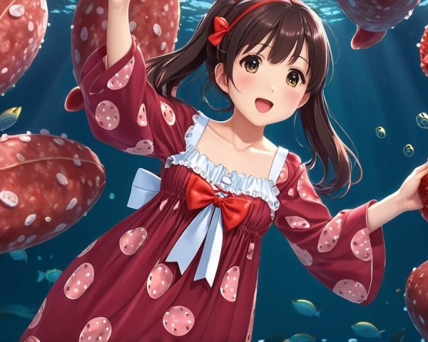 Cheerful girl underwater with floating sausages and fish