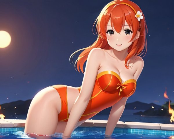 Young Woman in Orange Bikini by Pool at Night