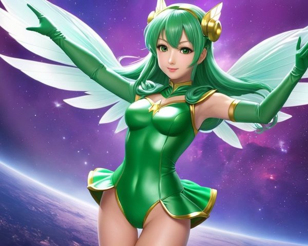 Green-Haired Anime Elf in Starry Galaxy Setting