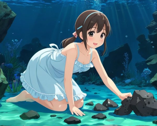 Young girl exploring vibrant underwater scene