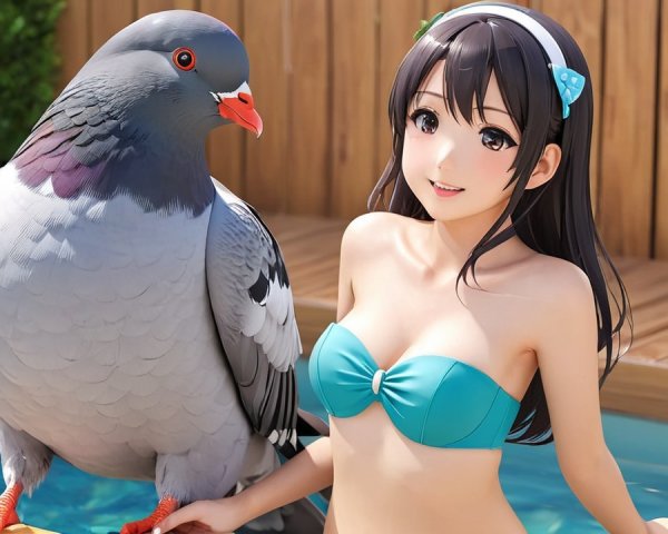 Young Woman in Turquoise Bikini by Pool with Pigeon