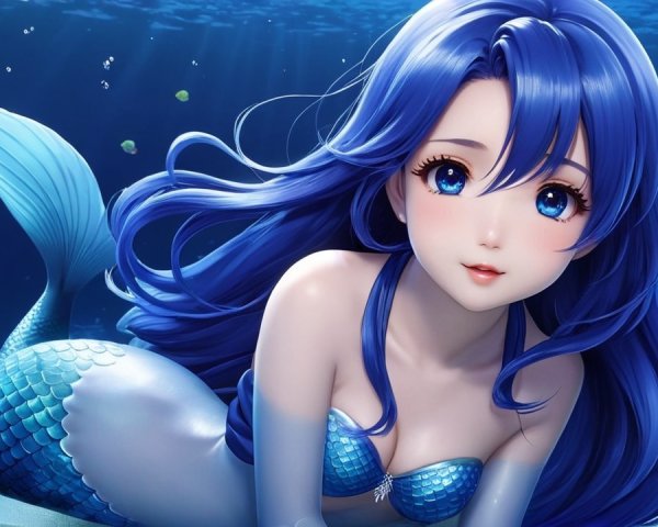 Mermaid with Blue Hair and Iridescent Tail Underwater