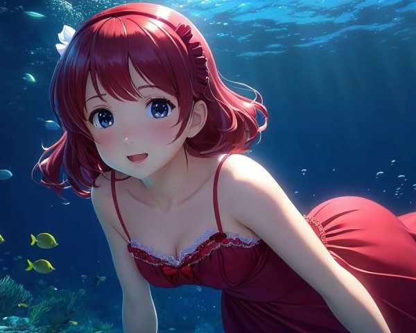 Vibrant Underwater Scene with Cheerful Girl and Fish