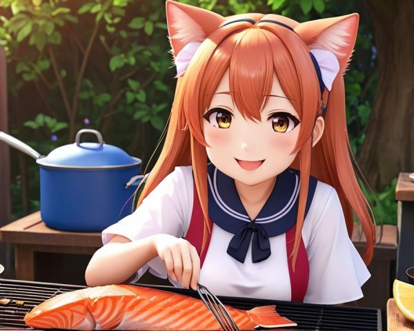 Anime-style girl cooking salmon outdoors with fox ears