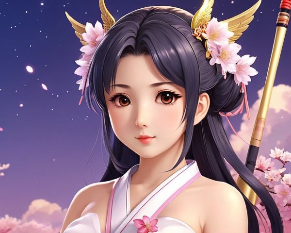 Young woman in kimono among cherry blossoms at twilight