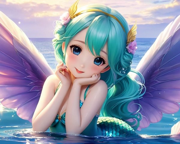 Whimsical Mermaid with Aqua Hair in Turquoise Waters