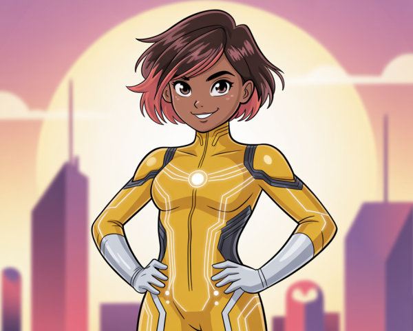 Cartoon superhero character in cityscape with sun