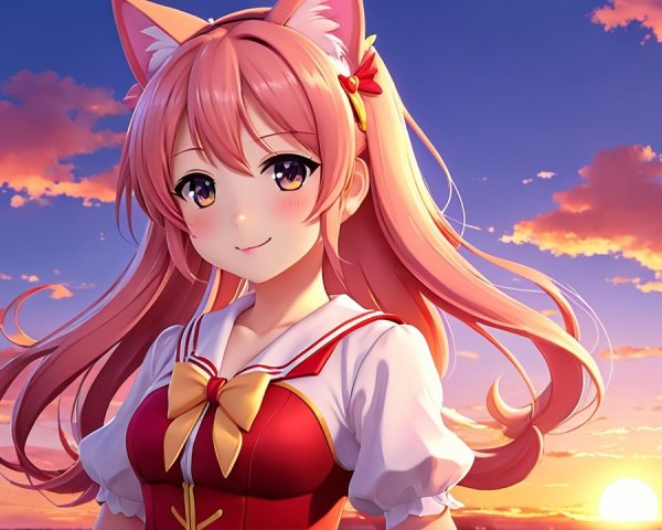 Anime girl with pink hair and cat ears at sunset