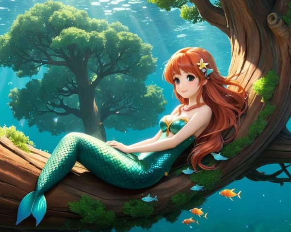 Underwater Scene with a Dreamy Mermaid and Fish