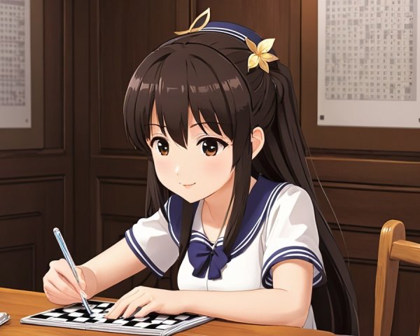 Young girl in sailor uniform solving crossword puzzle