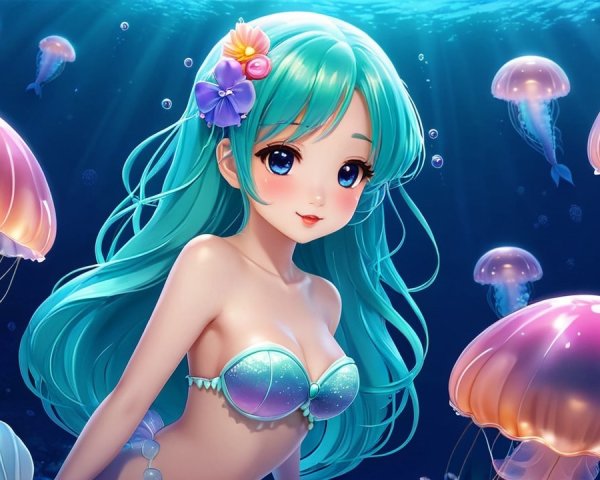 Vibrant Underwater Scene with a Mermaid and Jellyfish