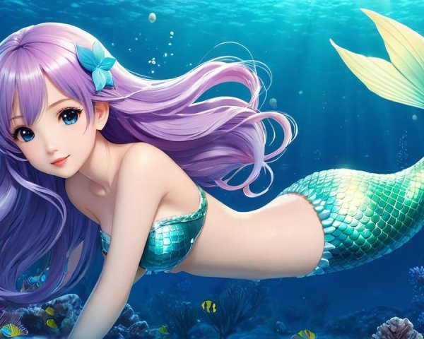 Mermaid with Lavender Hair in Vibrant Underwater Scene