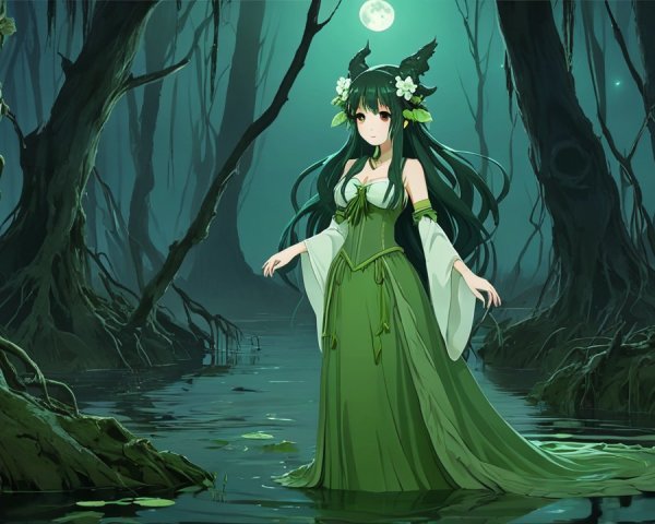 Forest Spirit in Moonlit Swamp with Floral Gown