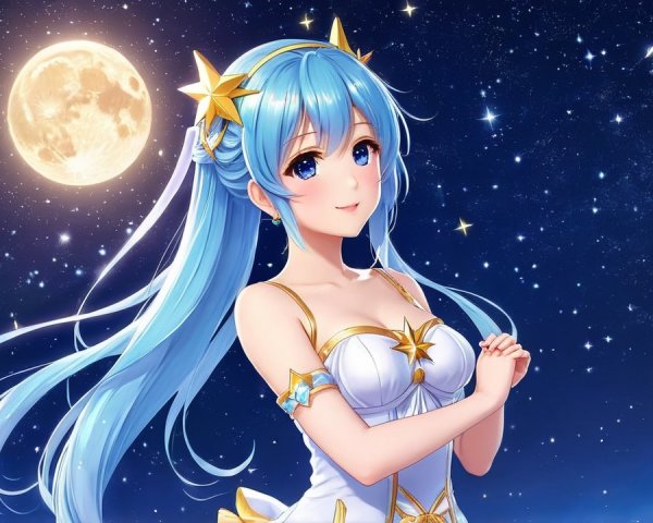 Young woman in celestial attire under starry sky