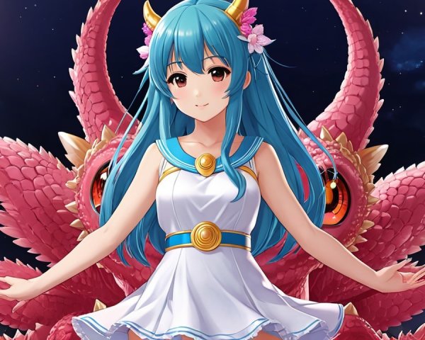 Young girl with blue hair and mythical creature at night