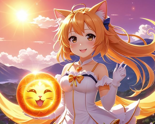 Cheerful anime character with cat ears at sunset